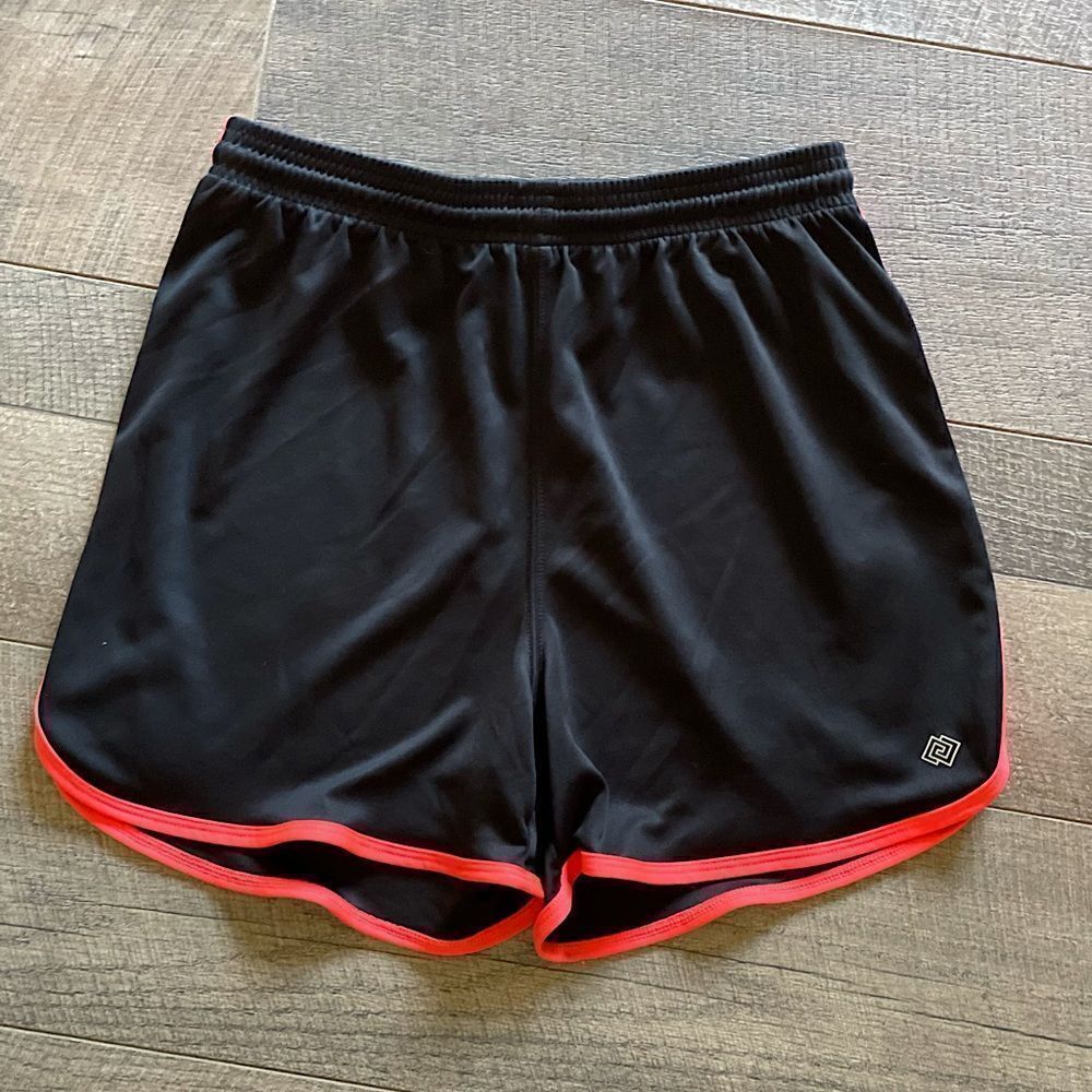 Women’s Zelos Black & Orange, Drawstring Athletic Shorts. Size Medium.